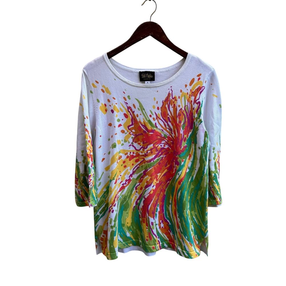 Bob Mackie Wearable Art Floral Watercolor Print Lightweight Sweater M
